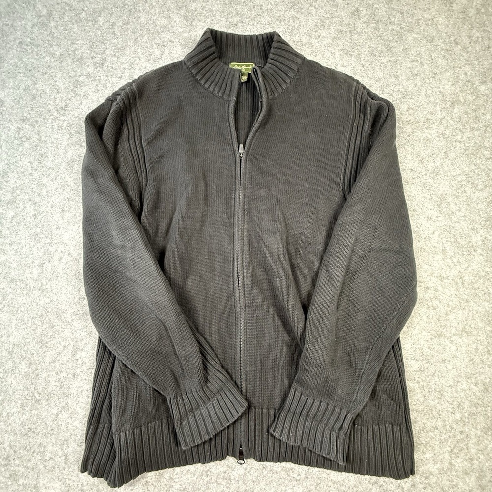 Eddie Bauer Mens XL Full Zip Cotton Sweater Black Mock Neck Cardigan Style 2609